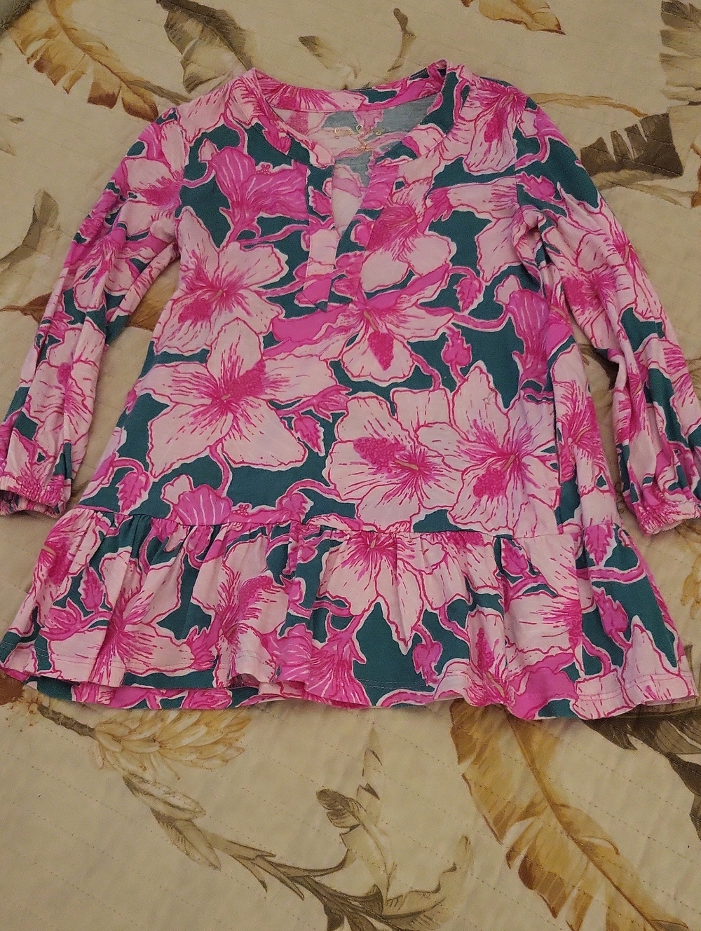Lilly Pulitzer Girls Pink Floral Peplum Dress with Teal Background